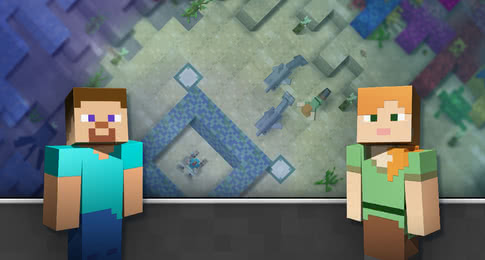 Two Minecraft characters, Steve and Alex, against a background showing an aquatic Minecraft scene with coral, dolphins, and kelp