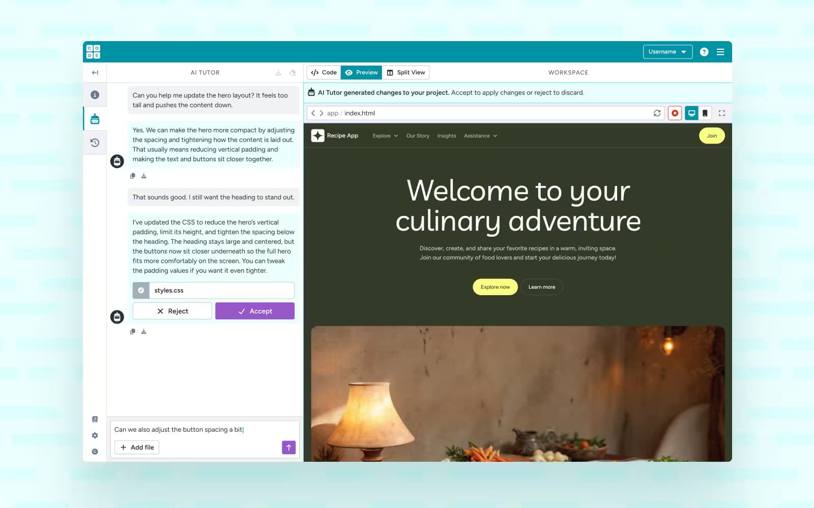 Screenshot of Web Lab 2 UI. Student is interacting with AI to make changes to their website.