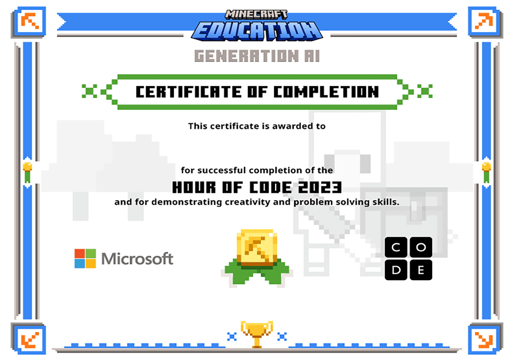 Certificate for completion of One Hour of Code