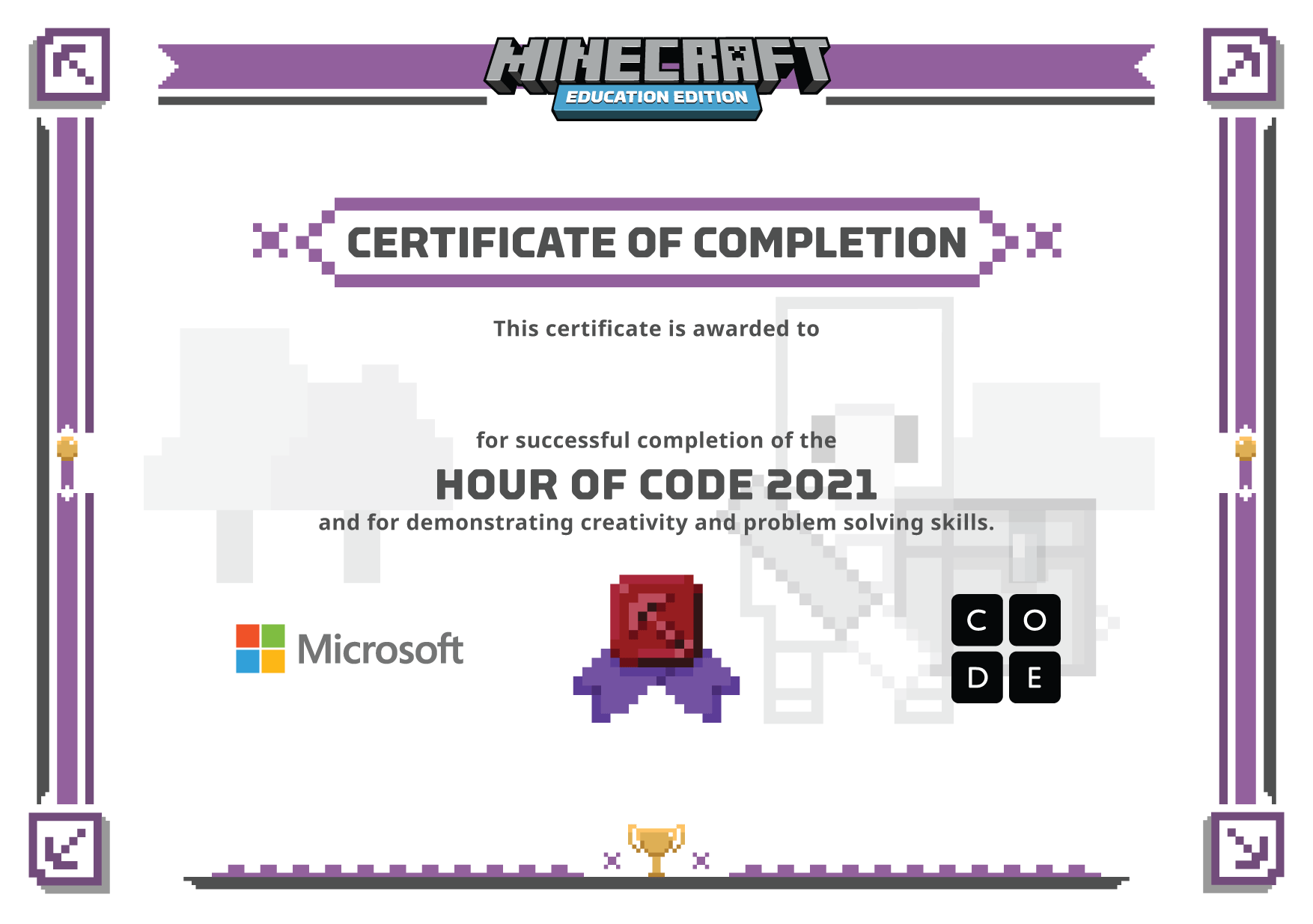 Certificate for completion of One Hour of Code