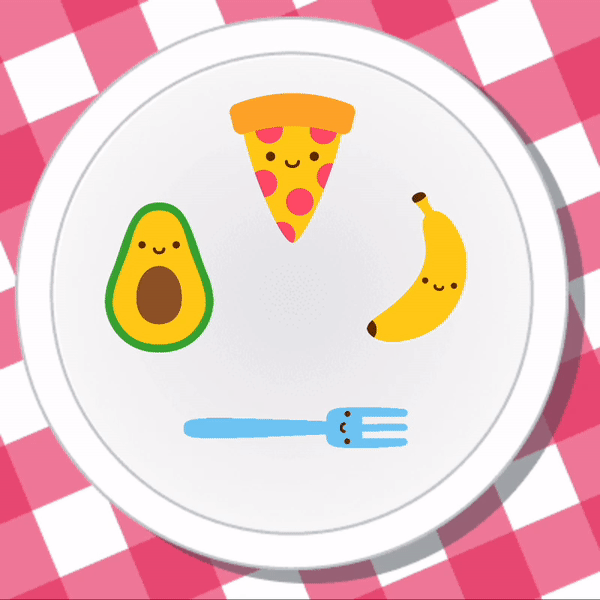 A student project featuring an animated gif of a fork moving across a plate next to avocado and pizza characters