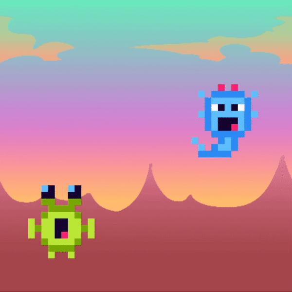 A student project featuring an animated gif of a game of tag with two alien characters on a distant planet