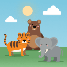 Three tiger, bear, and elephant characters on a grassy field with the sun shining