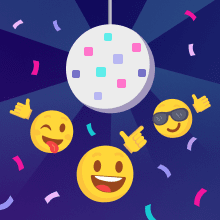 Three fun emoji characters with different expressions in front of a disco ball