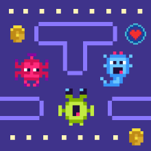 An 8-bit game with alien characters moving through a maze 