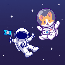 Two cute astronaut and corgi characters floating in space