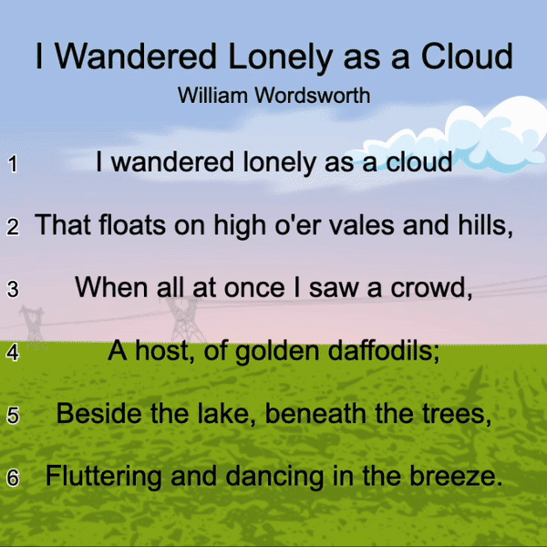 A student project featuring an animated gif of the poem I Wandered Lonely as a Cloud by William Wordsworth that shows a lonely cloud moving through a field and rolling hills