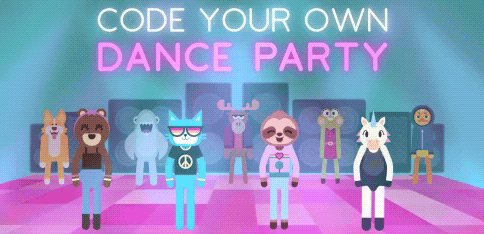 Animated characters dancing to music underneath the text 'Code your own dance party'