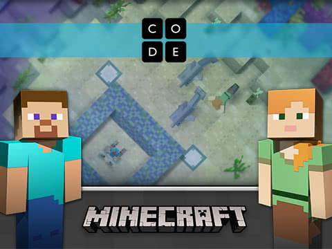 The Hour of Code Minecraft interface, with model world on the left