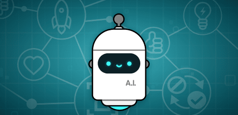 A floating, white, artificial intelligence character with an antennae, a scanner on the bottom, and an LED face