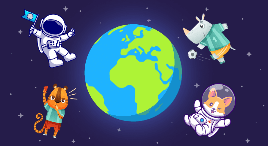 Animated astronaut and animal characters floating around an illustration of the earth
