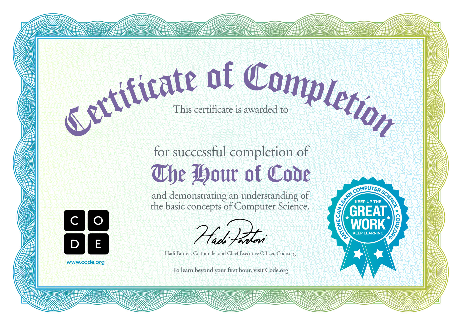 Certificate for Completion of One Hour of Code Code org