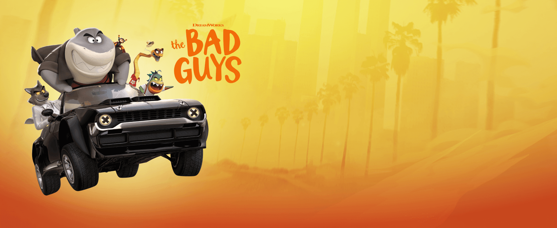 Background image featuring a car driven by animated characters from the film The Bad Guys