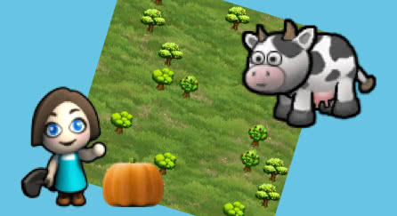 A collage of Code.org puzzles showing a person holding a shovel, pumpkin, orchard, and cow.